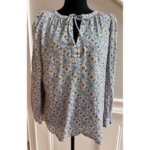 Loft Long Sleeve Blue Orange Gold Thread Tie Neckline Peasant Blouse Size M